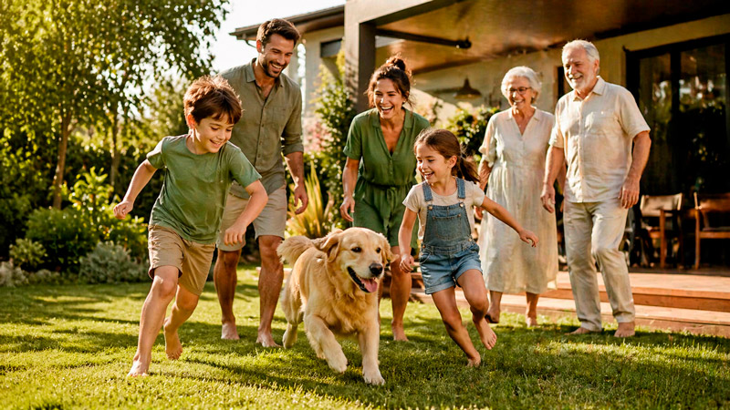 Família aproveitando a tarde no quintal de casa, protegidos pelo seguro de vida.